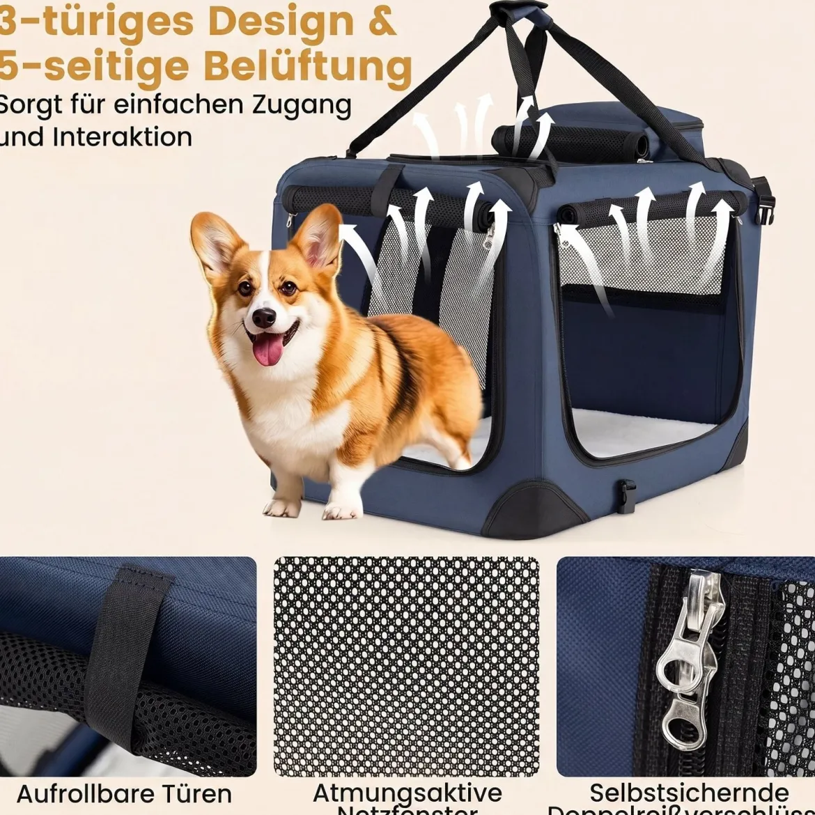 Hundebox Faltbar Tragbare Hundetransportbox mit Netzfenstern 3 Türen Abnehmbarem Polster S
