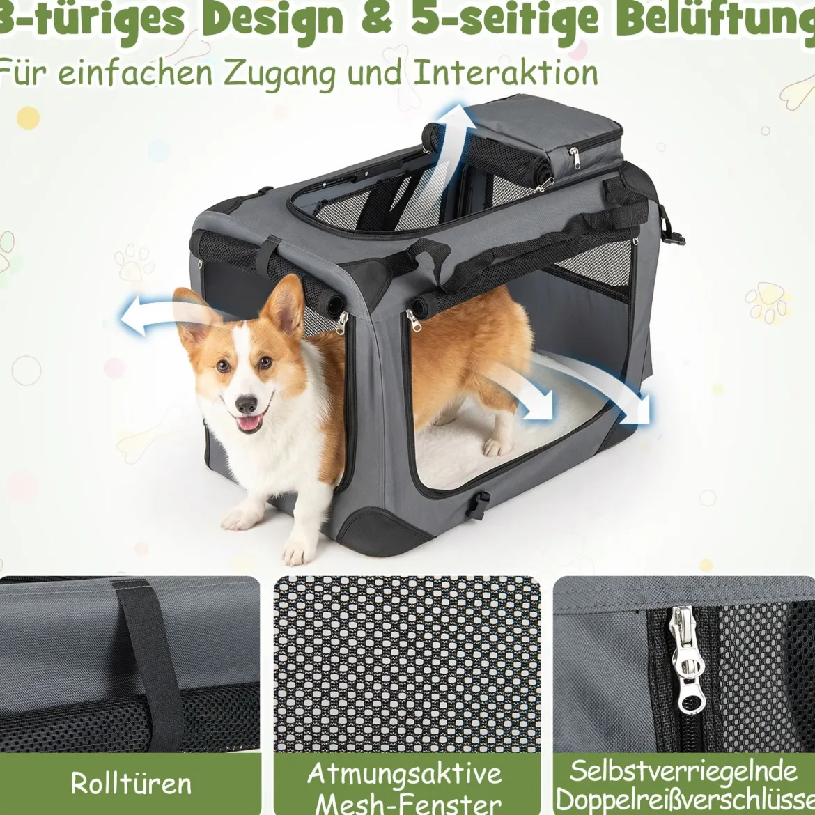 Hundebox Faltbar Tragbare Hundetransportbox mit Netzfenstern 3 Türen Abnehmbarem Polster S