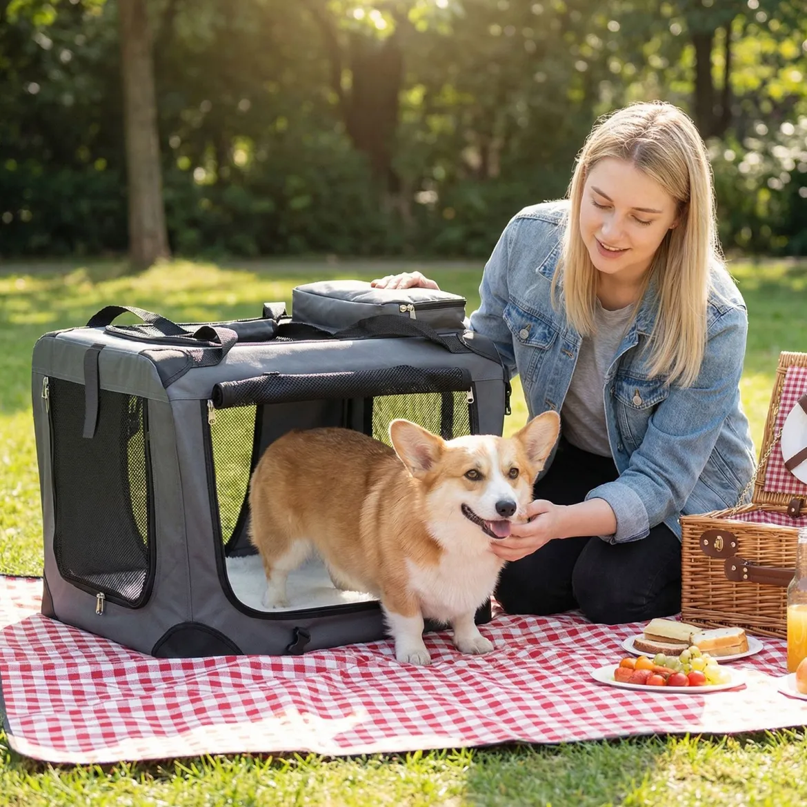 Hundebox Faltbar Tragbare Hundetransportbox mit Netzfenstern 3 Türen Abnehmbarem Polster S