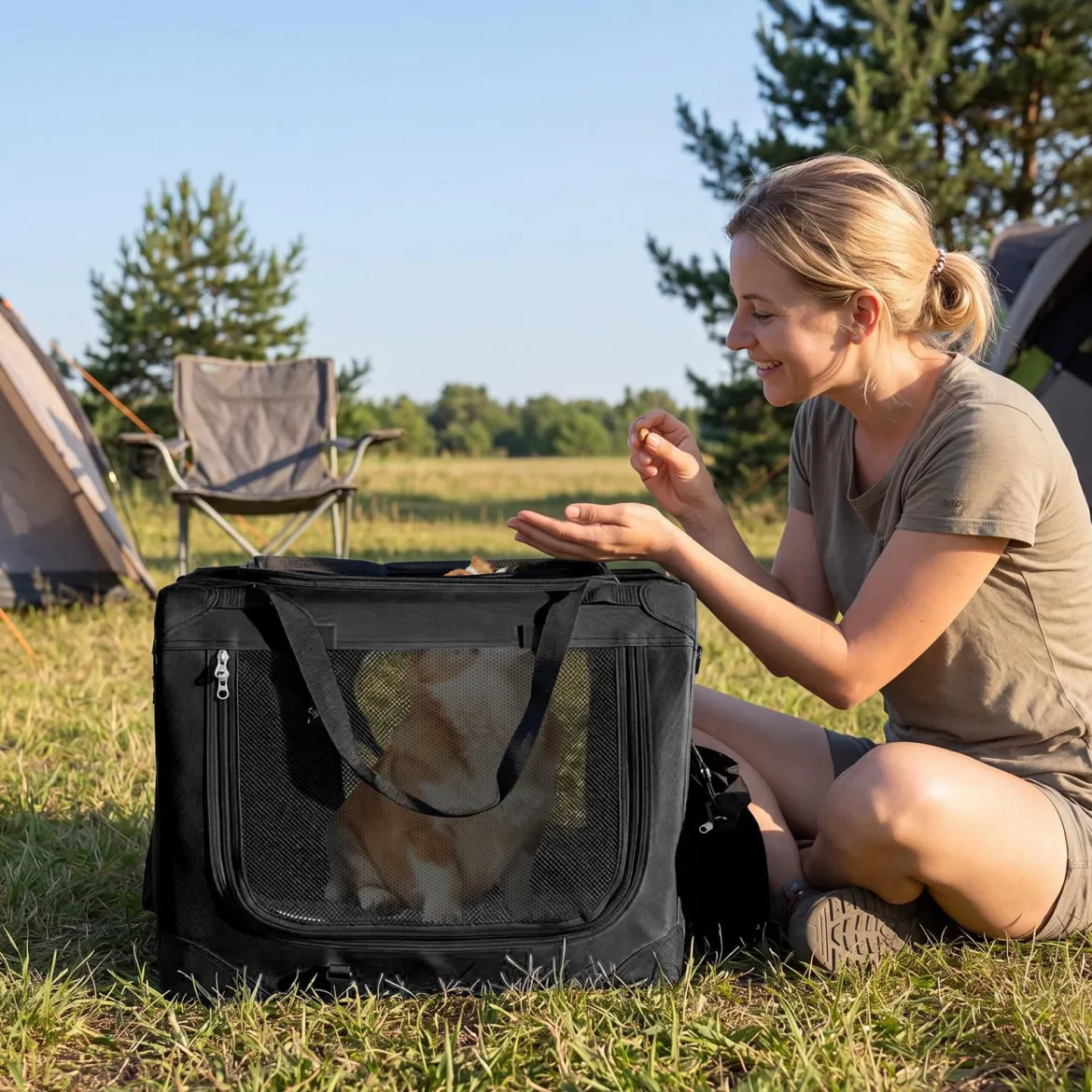 Hundebox Faltbar Tragbare Hundetransportbox mit Netzfenstern 3 Türen Abnehmbarem Polster S