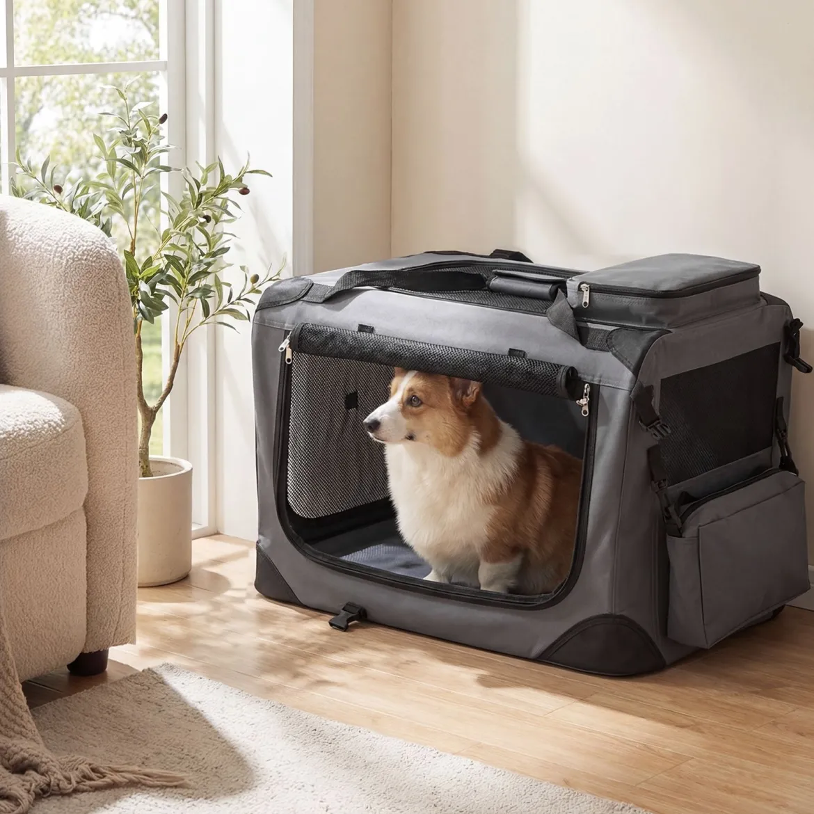 Hundebox Faltbar Tragbare Hundetransportbox mit Netzfenstern 3 Türen Abnehmbarem Polster S