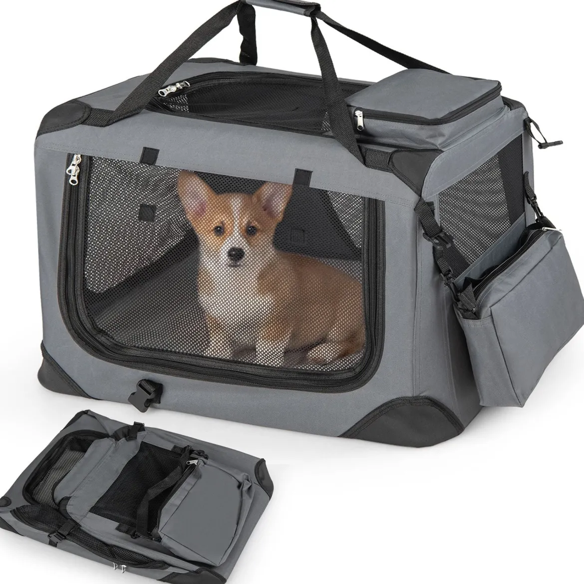 Hundebox Faltbar Tragbare Hundetransportbox mit Netzfenstern 3 Türen Abnehmbarem Polster S