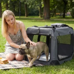 Hundebox Faltbar Tragbare Hundetransportbox mit Netzfenstern 3 Türen für Hunde und Katzen L