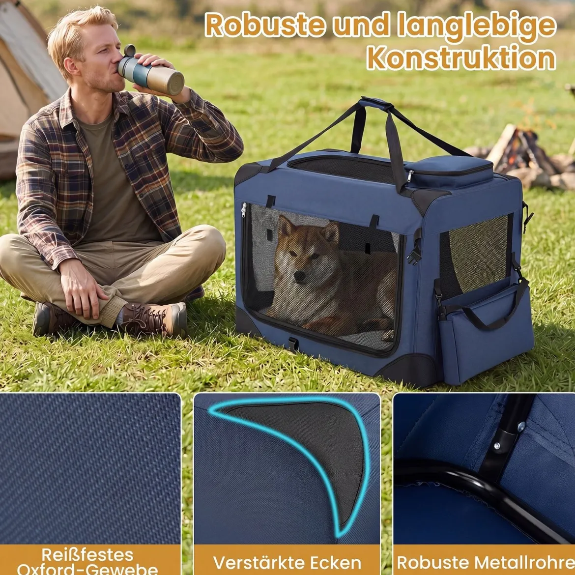 Hundebox Faltbar Tragbare Hundetransportbox mit Netzfenstern 3 Türen für Hunde und Katzen L