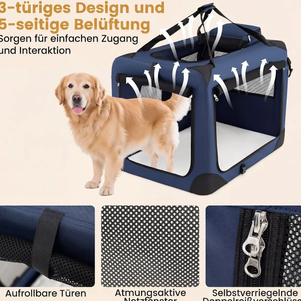 Hundebox Faltbar Tragbare Hundetransportbox mit Netzfenstern 3 Türen für Hunde und Katzen L