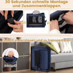 Hundebox Faltbar Tragbare Hundetransportbox mit Netzfenstern 3 Türen für Hunde und Katzen L