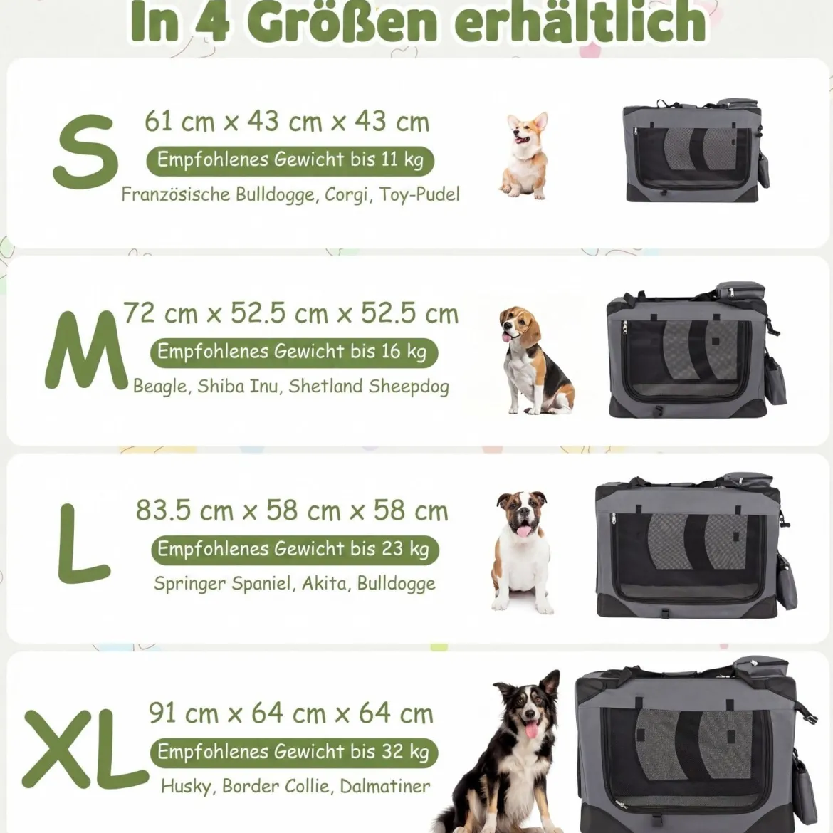 Hundebox Faltbar Tragbare Hundetransportbox mit Netzfenstern 3 Türen für Hunde und Katzen L