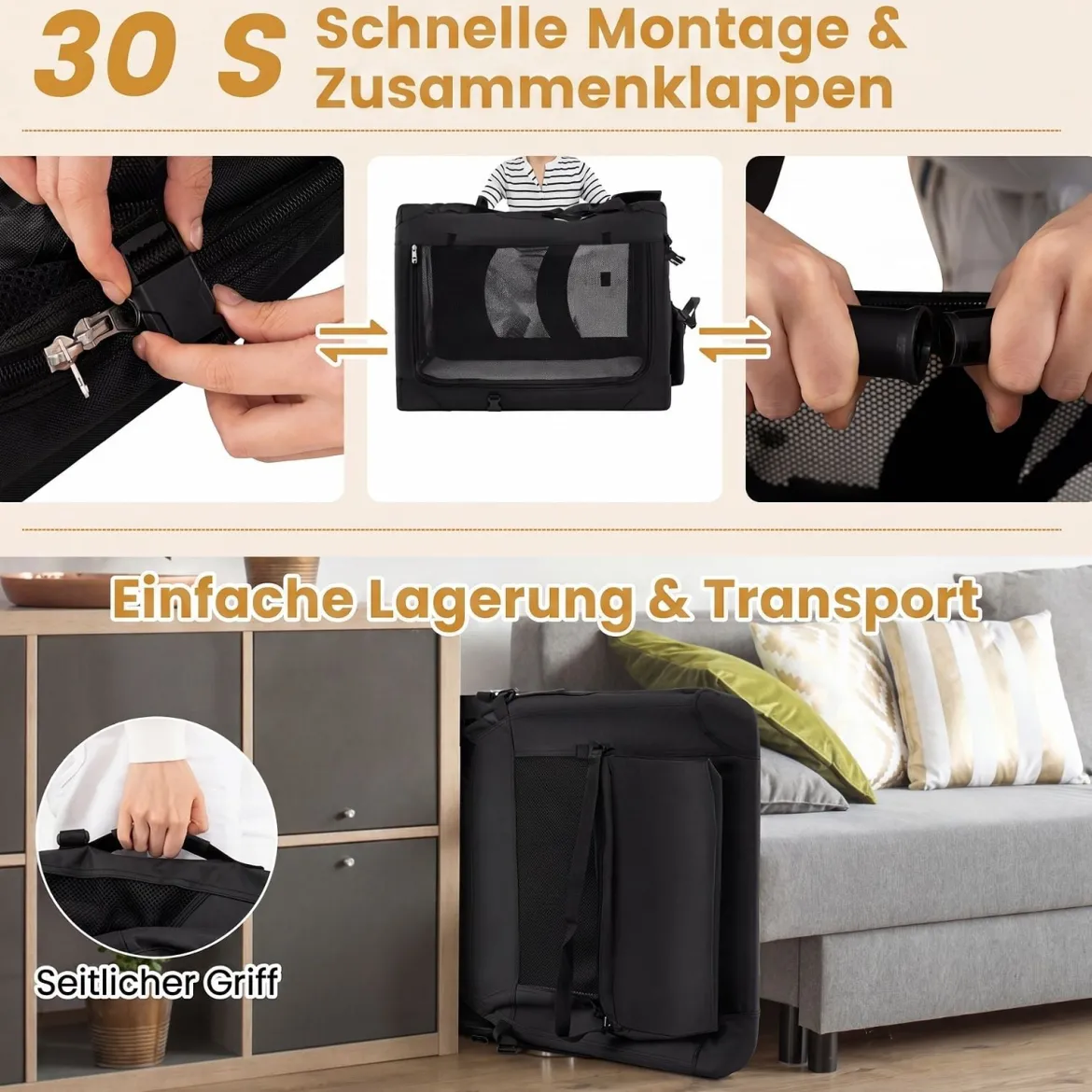 Hundebox Faltbar Tragbare Hundetransportbox mit Netzfenstern 3 Türen für Hunde und Katzen L