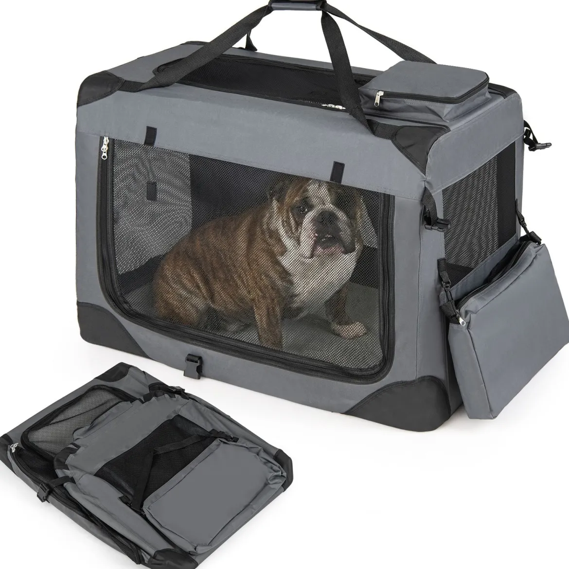 Hundebox Faltbar Tragbare Hundetransportbox mit Netzfenstern 3 Türen für Hunde und Katzen L