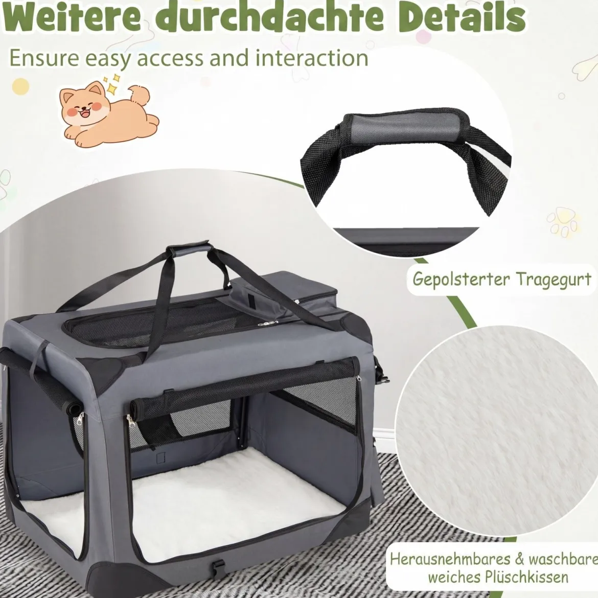 Hundebox Faltbar Tragbare Hundetransportbox mit Netzfenstern 3 Türen für Hunde und Katzen L