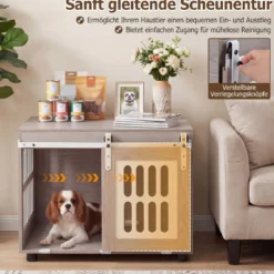 Hundebox mit Abschließbarer Schiebetür & 2 Seitlichen Fenstern Hundehaus & Beistelltisch Grau