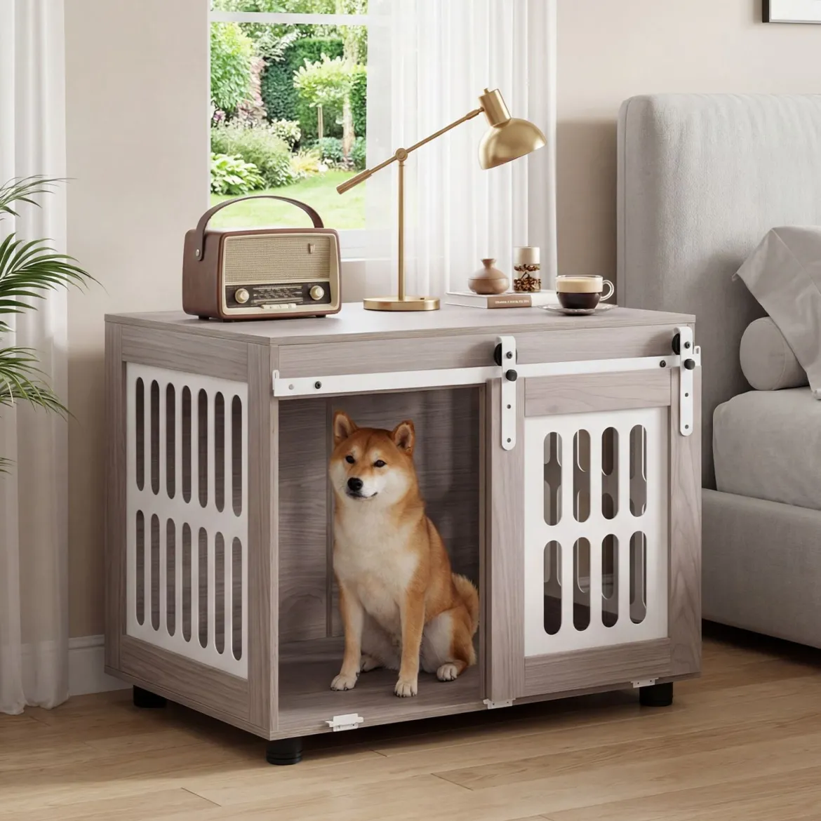 Hundebox mit Abschließbarer Schiebetür & 2 Seitlichen Fenstern Hundehaus & Beistelltisch Grau