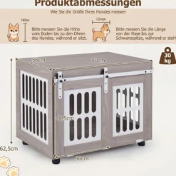 Hundebox mit Abschließbarer Schiebetür & 2 Seitlichen Fenstern Hundehaus & Beistelltisch Grau