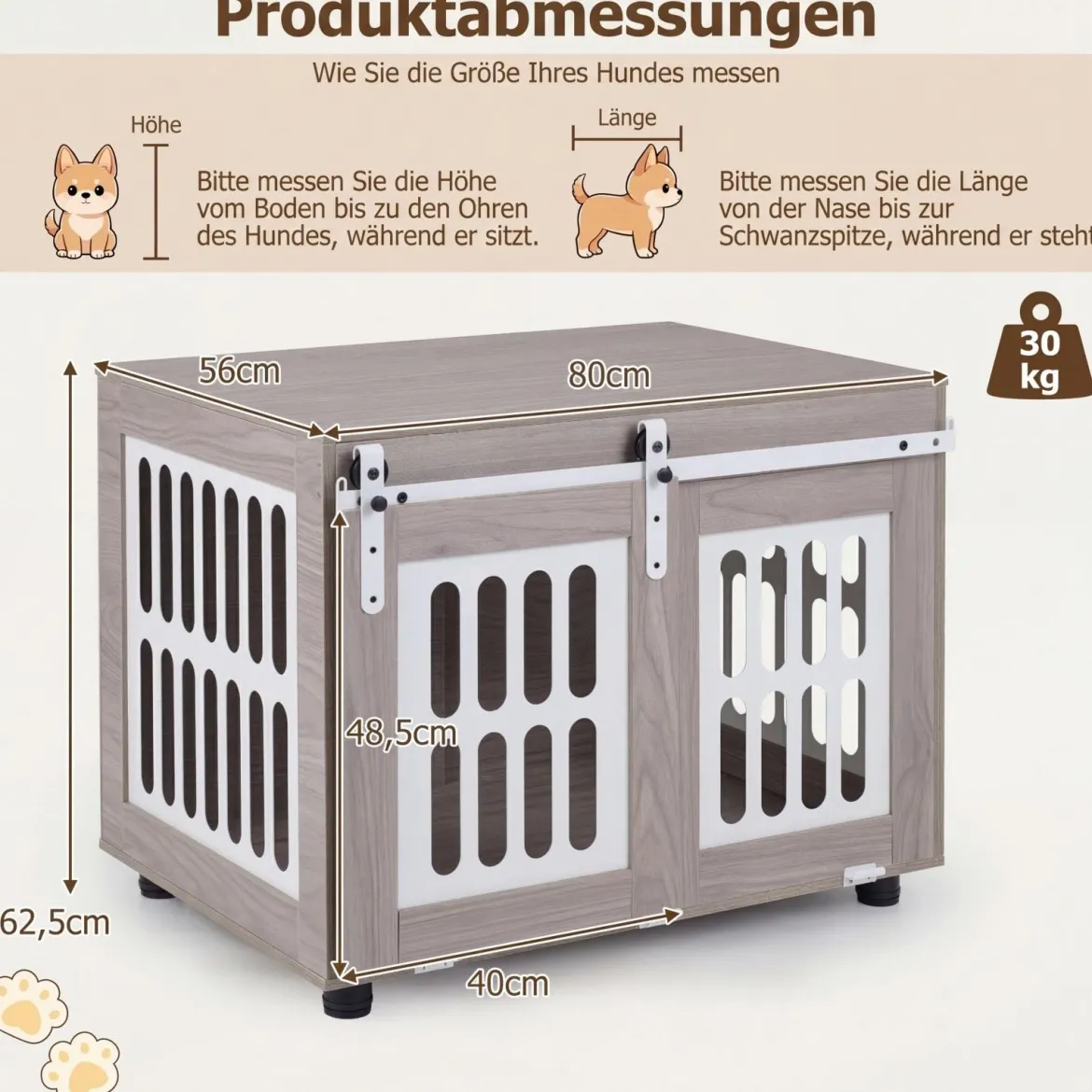 Hundebox mit Abschließbarer Schiebetür & 2 Seitlichen Fenstern Hundehaus & Beistelltisch Grau
