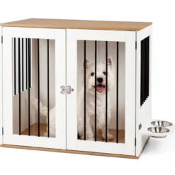 Hundebox mit 360° Drehbaren Futternäpfen & Abschließbarer Tür Hundekäfig Beistelltisch Weiß