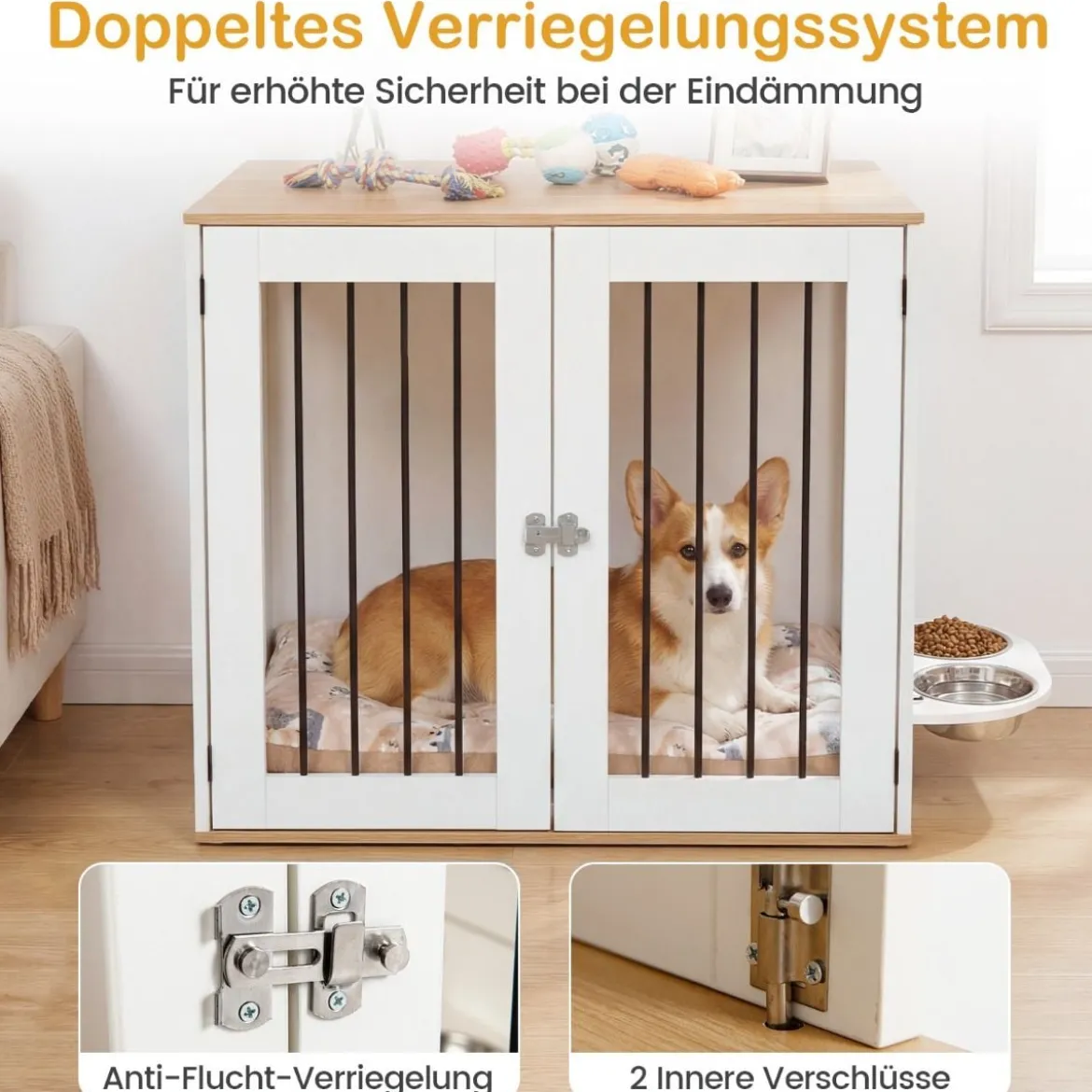 Hundebox mit 360° Drehbaren Futternäpfen & Abschließbarer Tür Hundekäfig Beistelltisch Weiß