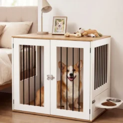 Hundebox mit 360° Drehbaren Futternäpfen & Abschließbarer Tür Hundekäfig Beistelltisch Weiß