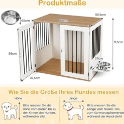 Hundebox mit 360° Drehbaren Futternäpfen & Abschließbarer Tür Hundekäfig Beistelltisch Weiß