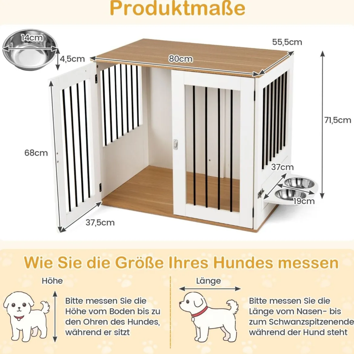 Hundebox mit 360° Drehbaren Futternäpfen & Abschließbarer Tür Hundekäfig Beistelltisch Weiß