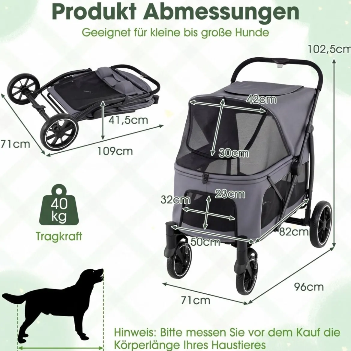 Hundebuggy faltbarer Hundewagen mit Geländereifen niedrigem Einstieg Grau