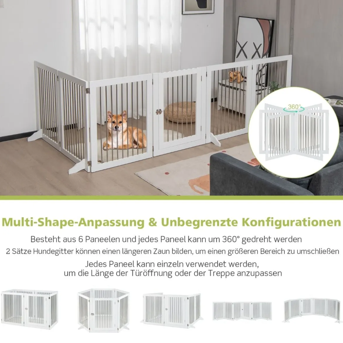 Hundegitter Laufstall Freistehender Hundezaun mit 6 Paneelen 366 x 80 cm Weiß