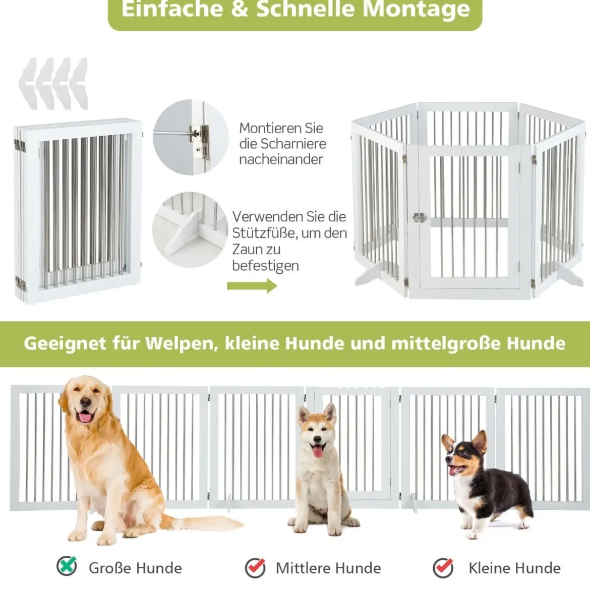Hundegitter Laufstall Freistehender Hundezaun mit 6 Paneelen 366 x 80 cm Weiß
