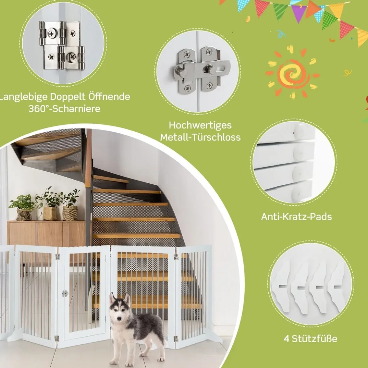 Hundegitter Laufstall Freistehender Hundezaun mit 6 Paneelen 366 x 80 cm Weiß