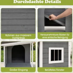 Hundehütte aus Holz mit Überdachter Veranda & Wetterfeste Asphaltdach 86 x 63 x 60 cm Grau