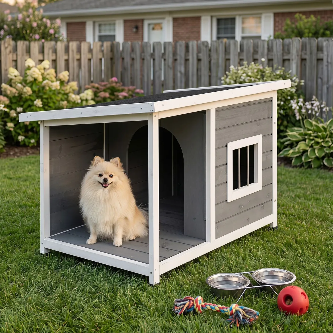 Hundehütte aus Holz mit Überdachter Veranda & Wetterfeste Asphaltdach 86 x 63 x 60 cm Grau