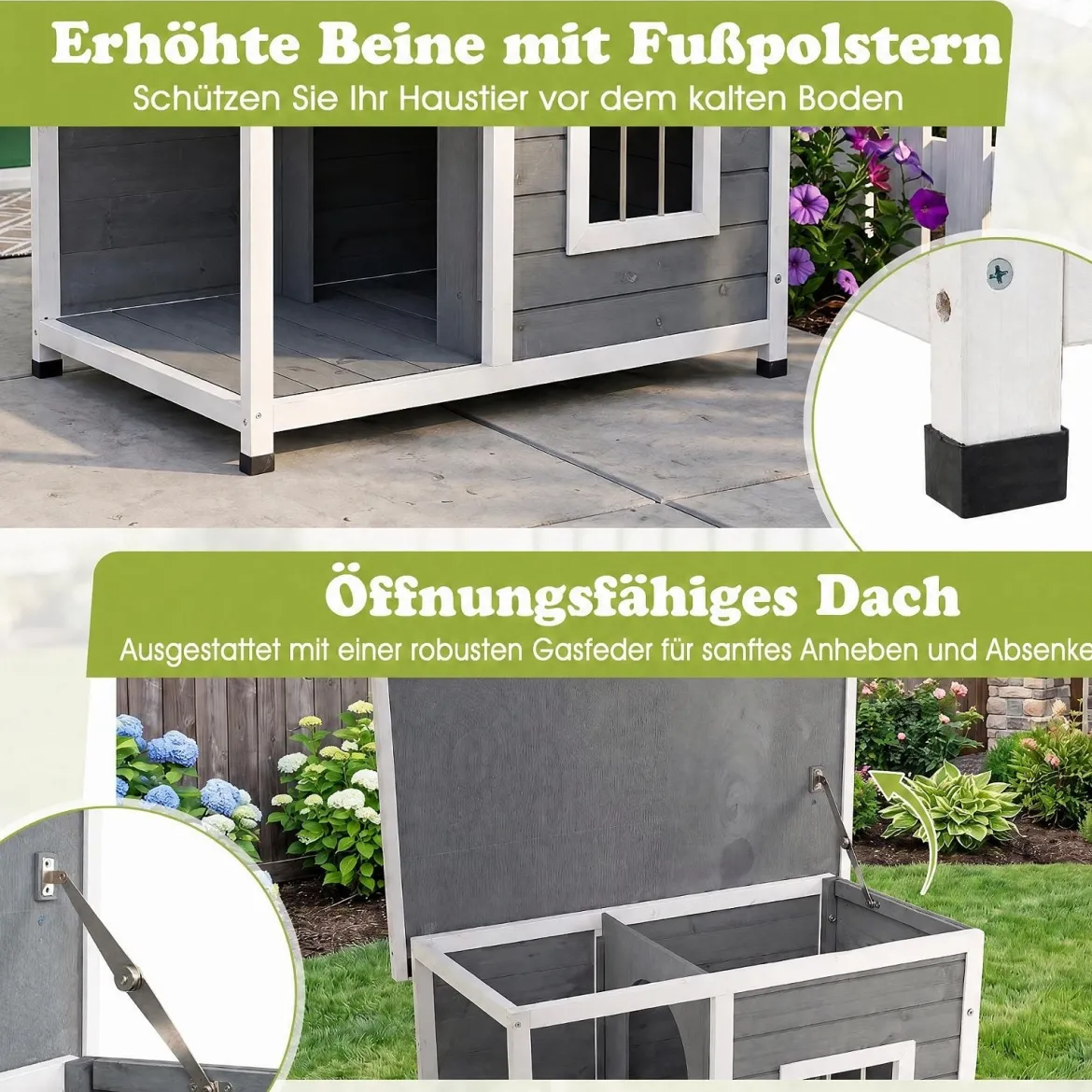 Hundehütte aus Holz mit Überdachter Veranda & Wetterfeste Asphaltdach 86 x 63 x 60 cm Grau