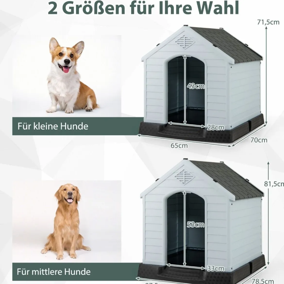Hundehütte Hundehaus aus Kunststoff Hundehöhle mit Erhöhtem Boden & Wasserfestem Dach Grau