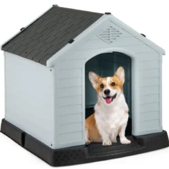 Hundehütte Hundehaus aus Kunststoff Hundehöhle mit Erhöhtem Boden & Wasserfestem Dach Grau