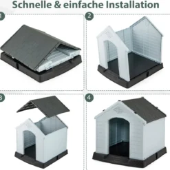 Hundehütte Hundehaus aus Kunststoff Hundehöhle mit Erhöhtem Boden & Wasserfestem Dach Grau