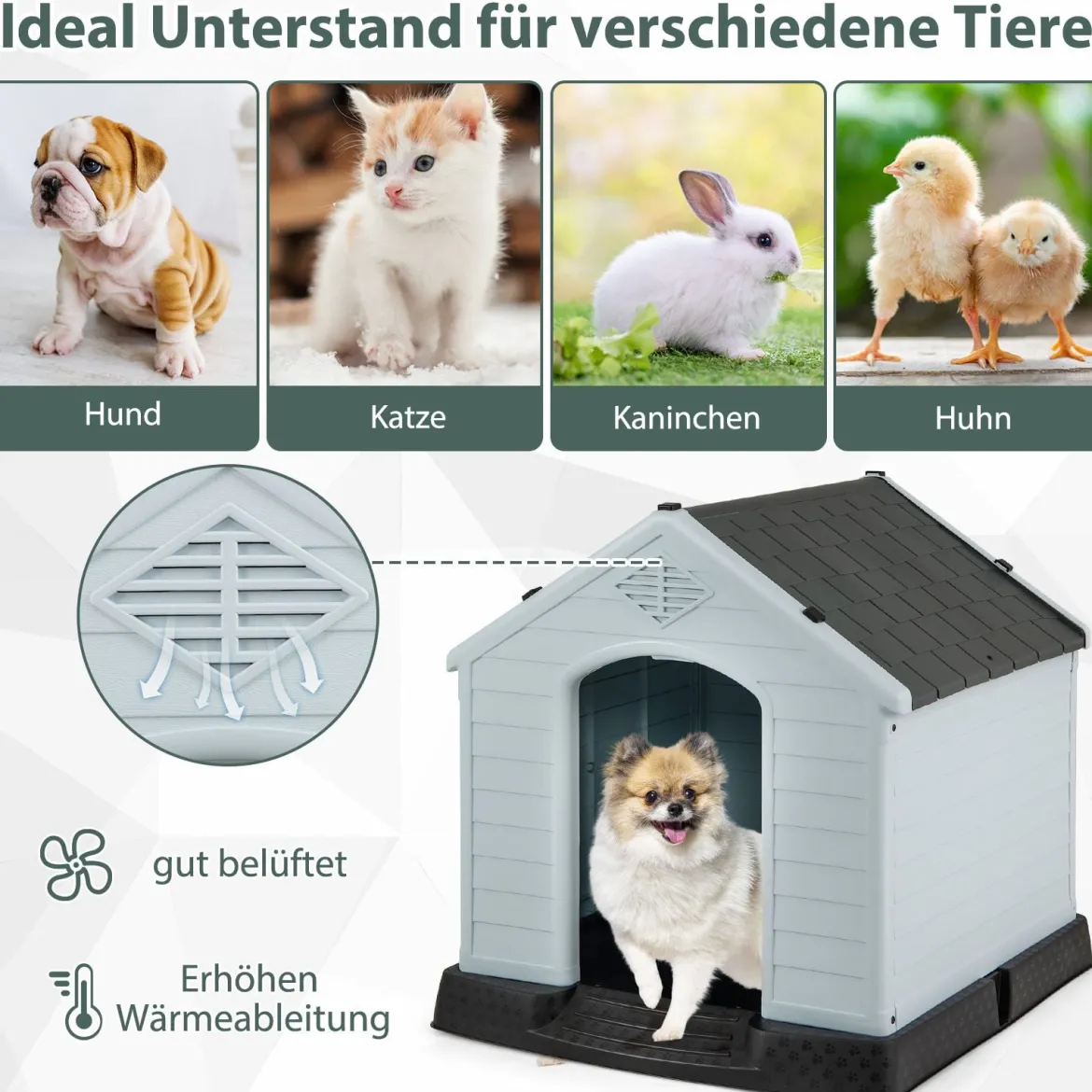 Hundehütte Hundehaus aus Kunststoff Hundehöhle mit Erhöhtem Boden & Wasserfestem Dach Grau