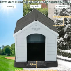 Hundehütte Hundehaus aus Kunststoff Hundehöhle mit Erhöhtem Boden & Wasserfestem Dach Grau