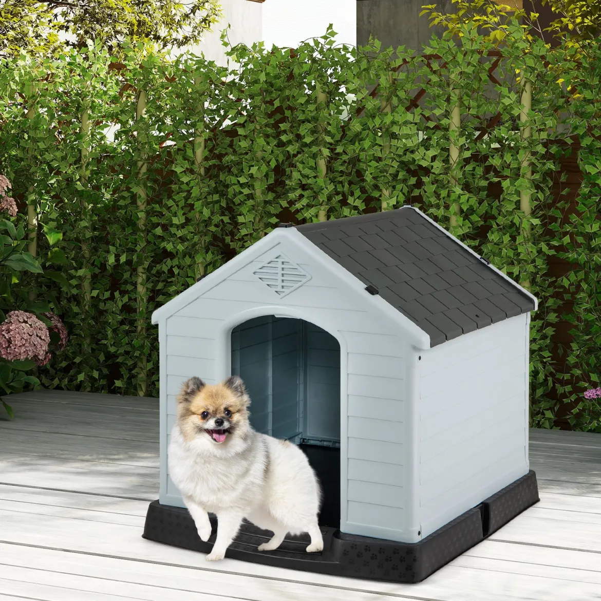 Hundehütte Hundehaus aus Kunststoff Hundehöhle mit Erhöhtem Boden & Wasserfestem Dach Grau