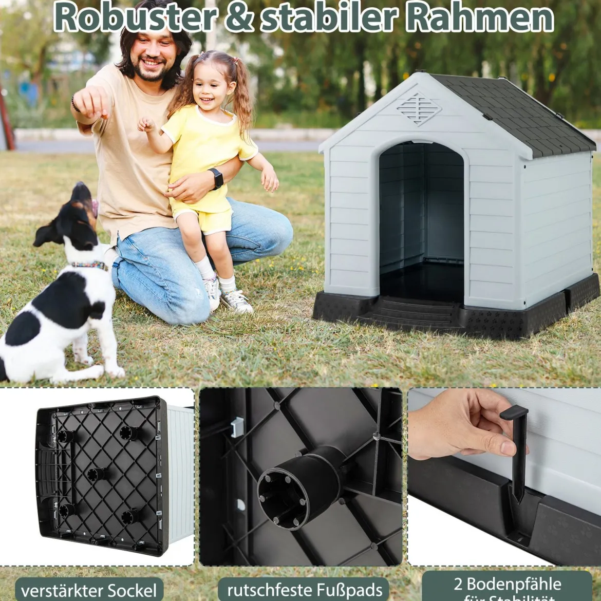 Hundehütte Hundehaus aus Kunststoff Hundehöhle mit Erhöhtem Boden & Wasserfestem Dach Grau