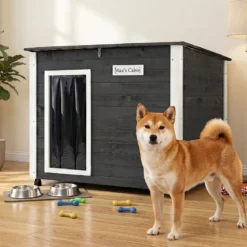 Hundehütte Hundehaus aus Tannenholz Kleintierhaus mit Tür Klappbarem Asphaltdach 85,5 x 56,5 x 64,5 cm Grau