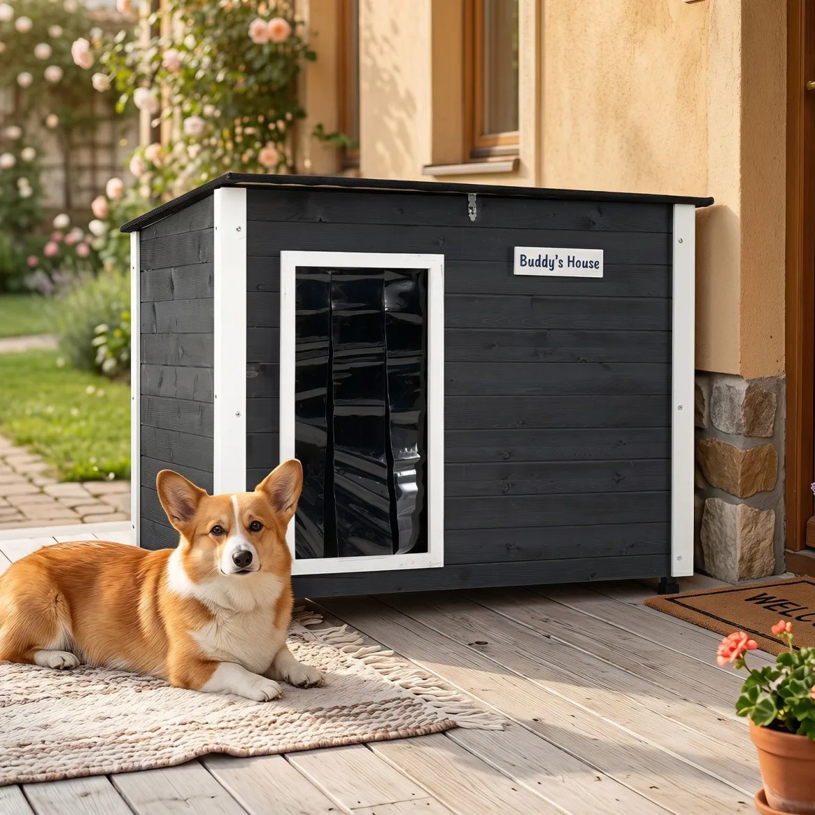 Hundehütte Hundehaus aus Tannenholz Kleintierhaus mit Tür Klappbarem Asphaltdach 85,5 x 56,5 x 64,5 cm Grau