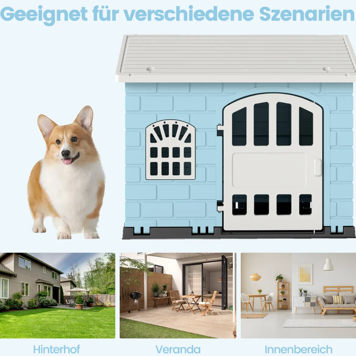 Hundehütte Kunststoff wetterfester Hundehaus mit abschließbarer Tür 3 Fenstern & Schrägdach für kleine Hunde Katzen