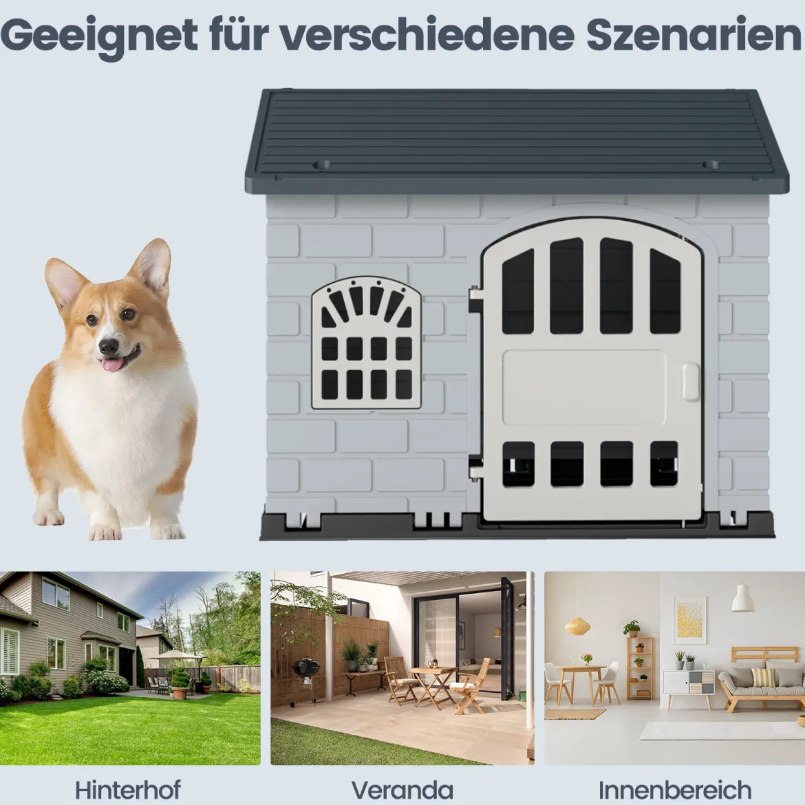 Hundehütte Kunststoff wetterfester Hundehaus mit abschließbarer Tür 3 Fenstern & Schrägdach für kleine Hunde Katzen