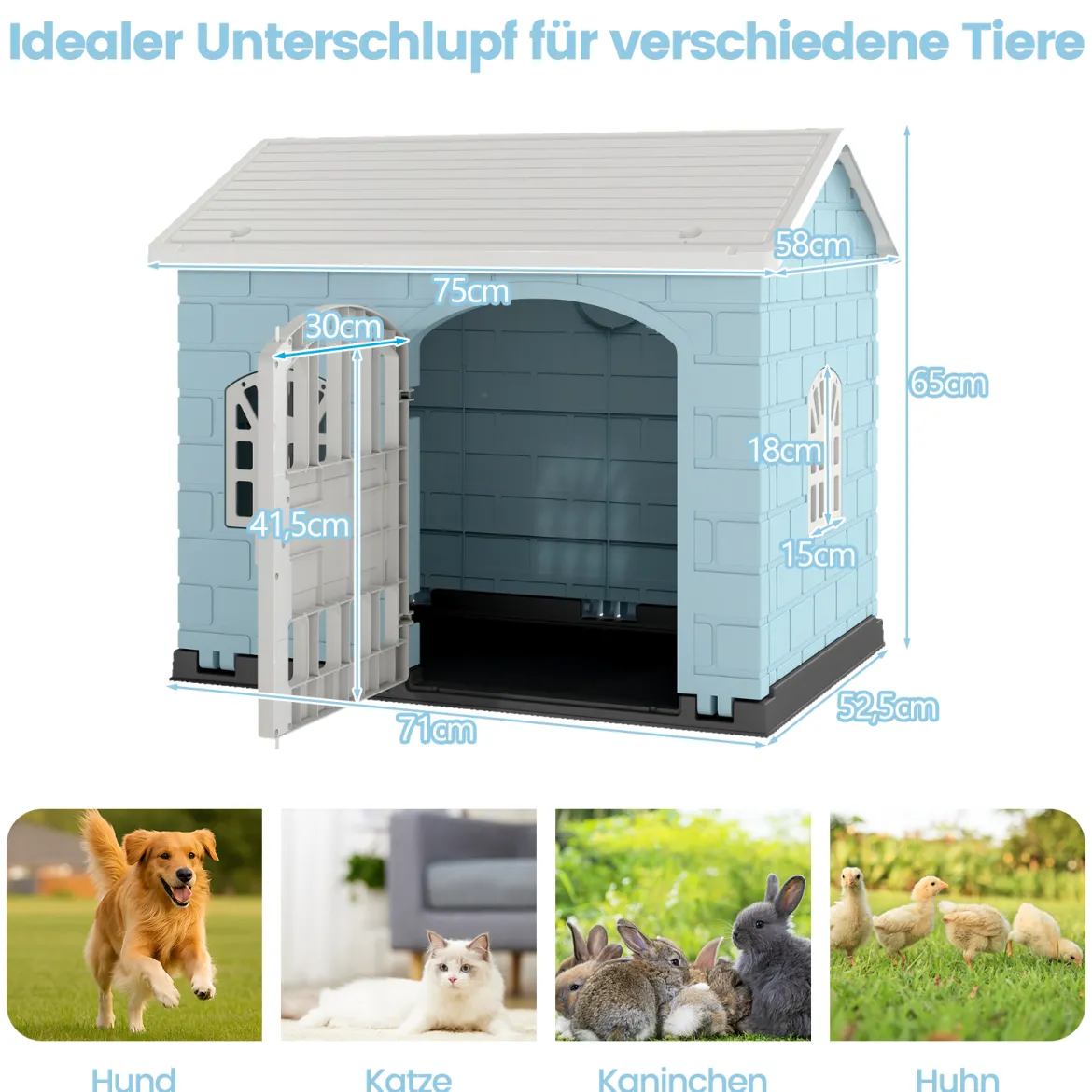 Hundehütte Kunststoff wetterfester Hundehaus mit abschließbarer Tür 3 Fenstern & Schrägdach für kleine Hunde Katzen