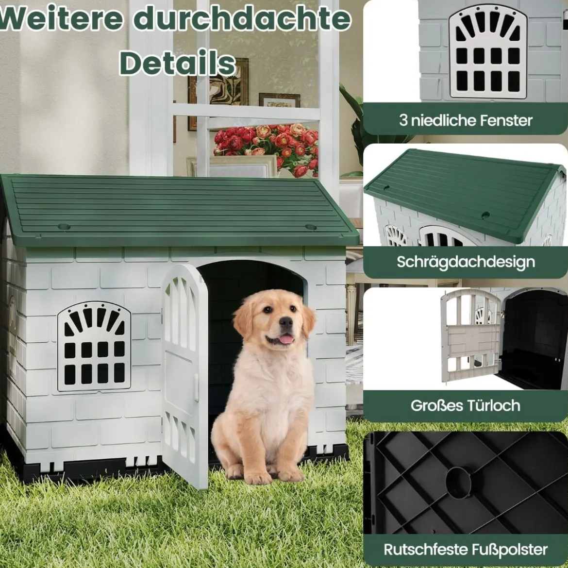 Hundehütte Kunststoff wetterfester Hundehaus mit abschließbarer Tür 3 Fenstern & Schrägdach für kleine Hunde Katzen