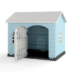 Hundehütte Kunststoff wetterfester Hundehaus mit abschließbarer Tür 3 Fenstern & Schrägdach für kleine Hunde Katzen