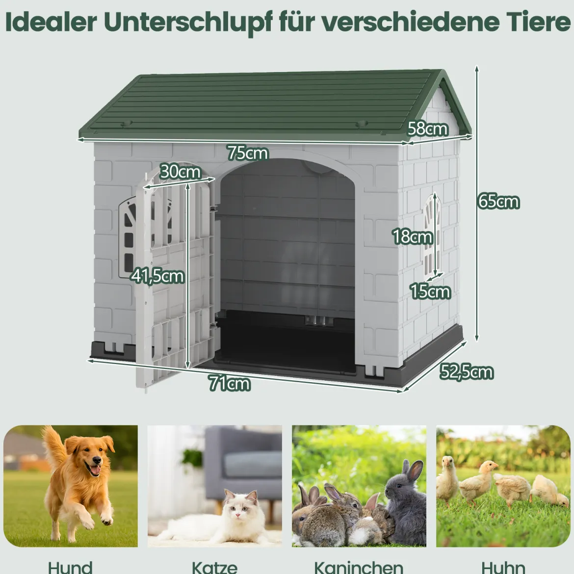Hundehütte Kunststoff wetterfester Hundehaus mit abschließbarer Tür 3 Fenstern & Schrägdach für kleine Hunde Katzen