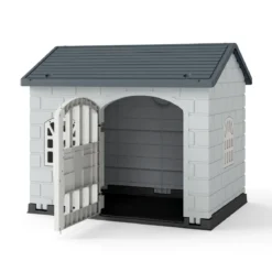 Hundehütte Kunststoff wetterfester Hundehaus mit abschließbarer Tür 3 Fenstern & Schrägdach für kleine Hunde Katzen