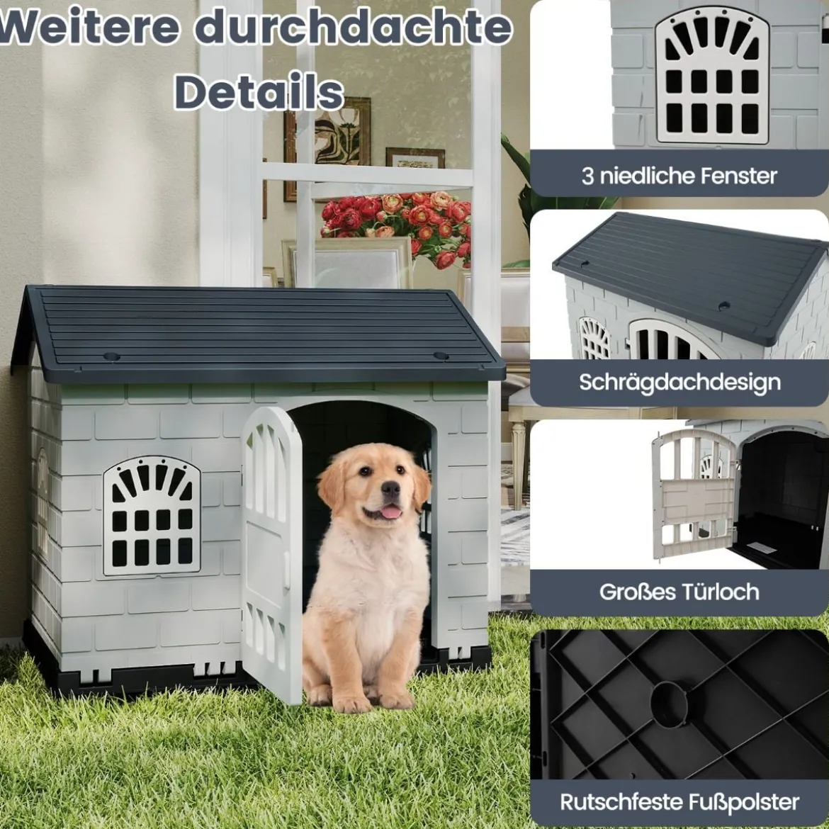 Hundehütte Kunststoff wetterfester Hundehaus mit abschließbarer Tür 3 Fenstern & Schrägdach für kleine Hunde Katzen