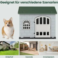 Hundehütte Kunststoff wetterfester Hundehaus mit abschließbarer Tür 3 Fenstern & Schrägdach für kleine Hunde Katzen