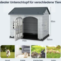 Hundehütte Kunststoff wetterfester Hundehaus mit abschließbarer Tür 3 Fenstern & Schrägdach für kleine Hunde Katzen