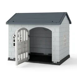 Hundehütte Kunststoff wetterfester Hundehaus mit abschließbarer Tür 3 Fenstern & Schrägdach für kleine Hunde Katzen